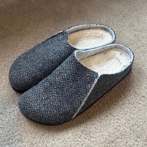 Birkenstock Gray Herringbone Wool-Like Clog Slippers with Cream Lining